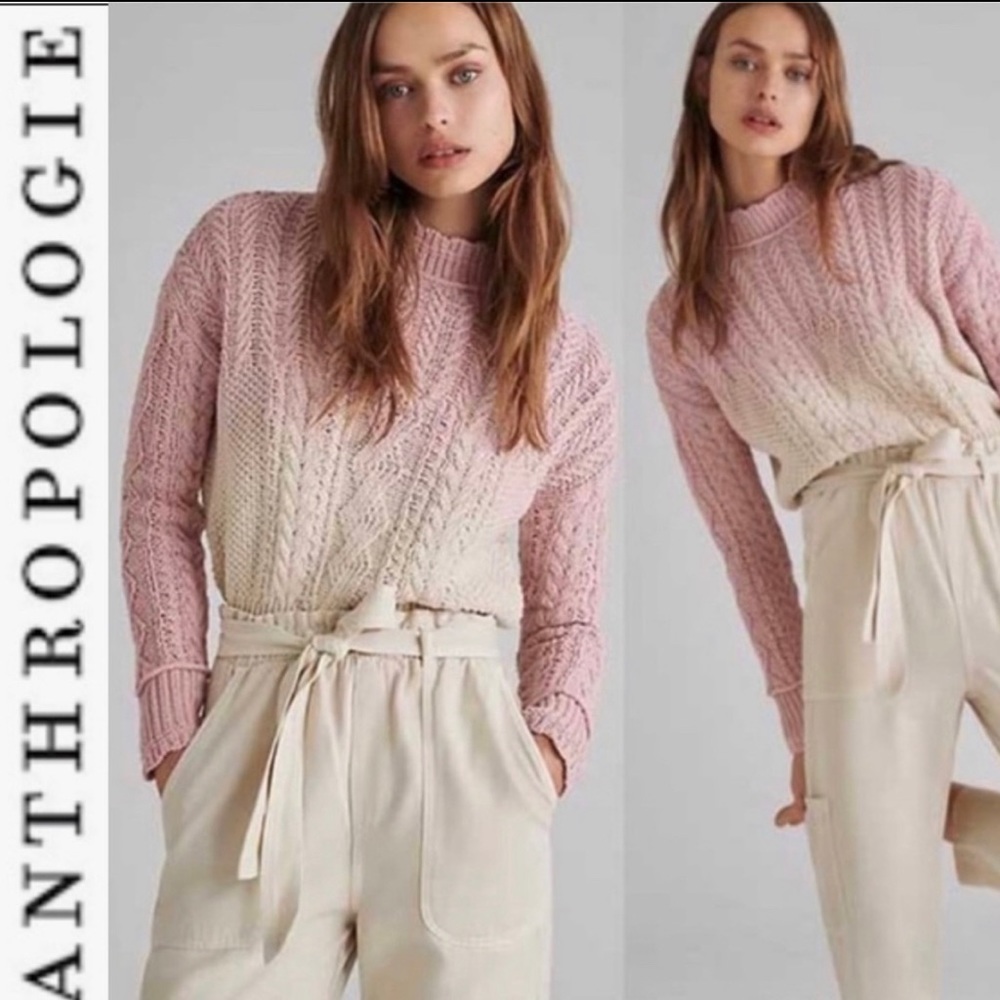 Final Price NWT Anthropologie Marci Dip dyed Cable knit Sweater pink/cr Ombre S - Picture 1 of 11